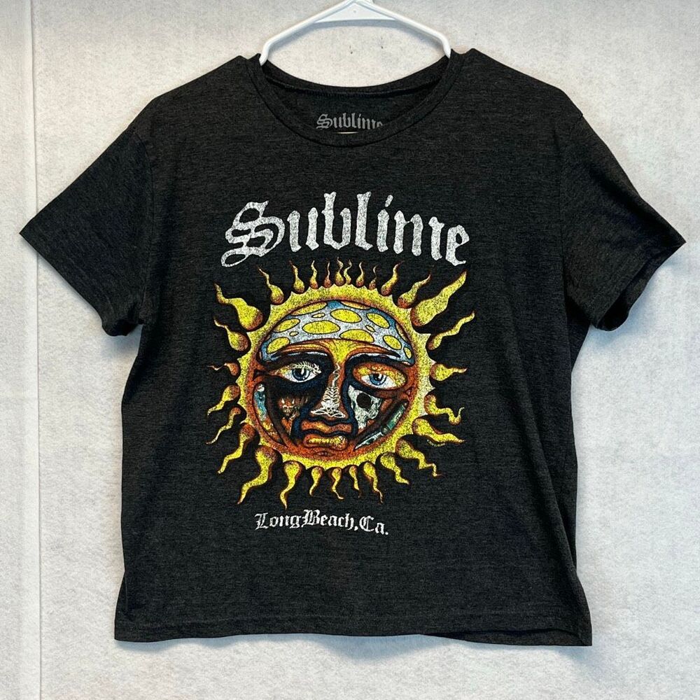 SUBLIME T-Shirt Women's Medium Gray Long‎ Beach CA Sad Sun Graphic Band Tee Y2K